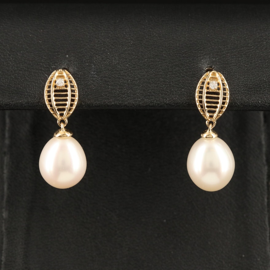 14K Pearl and Diamond Drop Earrings