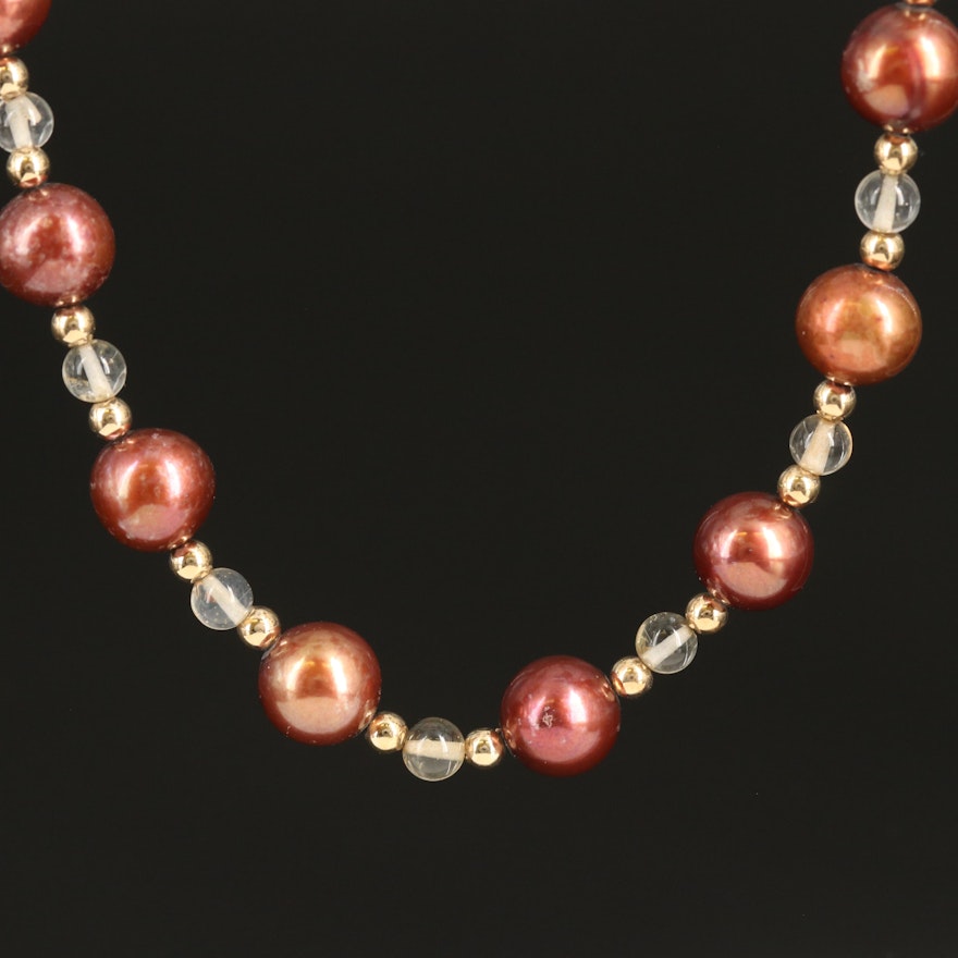 14K Pearl, Quartz and Topaz Beaded Necklace