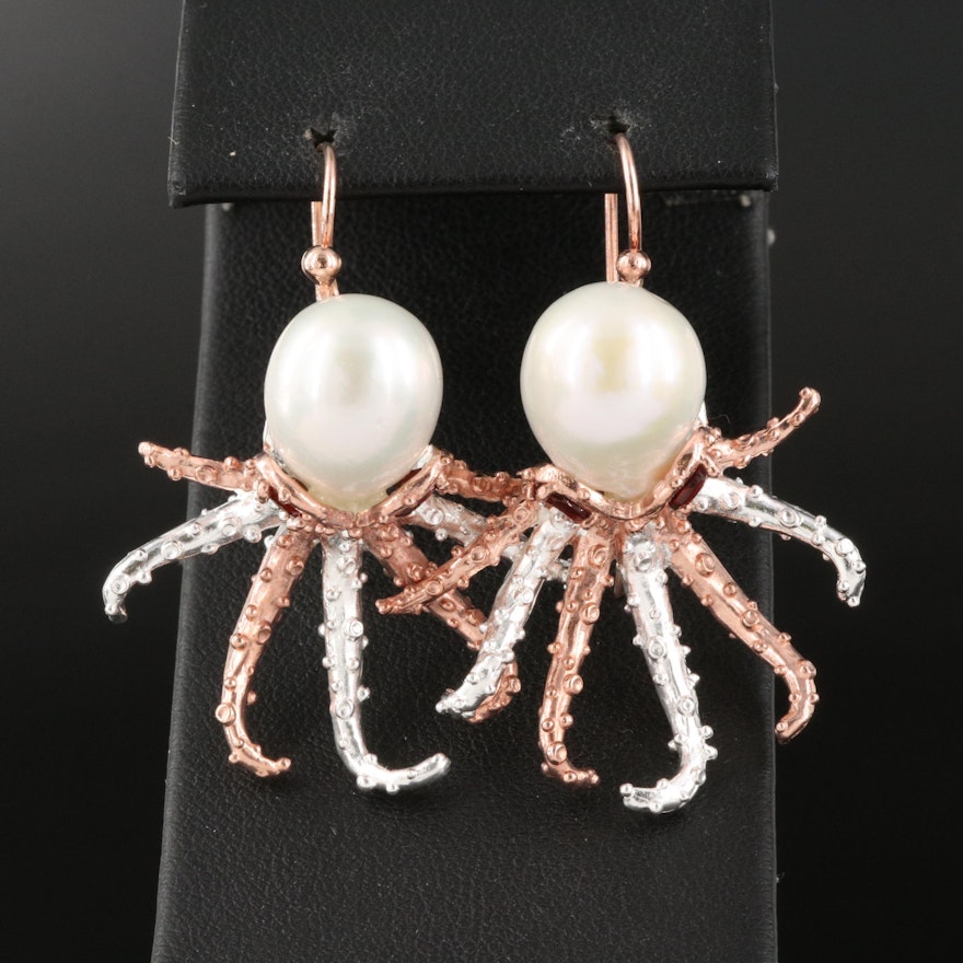 Sterling Silver Pearl and Garnet Octopus Earrings