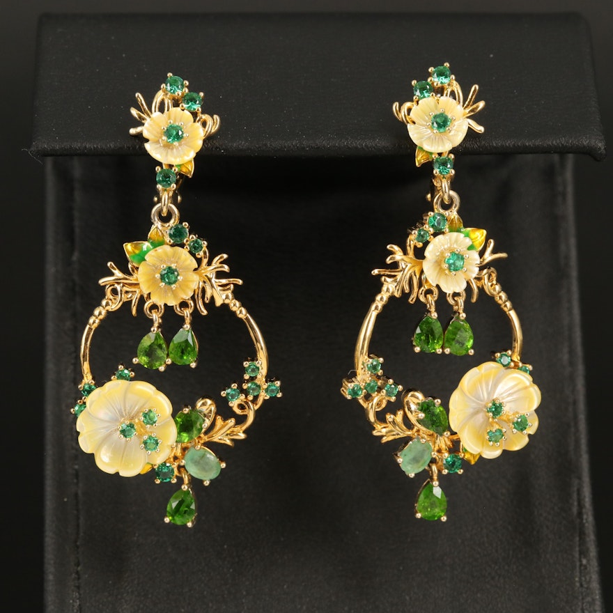Sterling Emerald, Diopside and Mother of Pearl Floral Drop Earrings