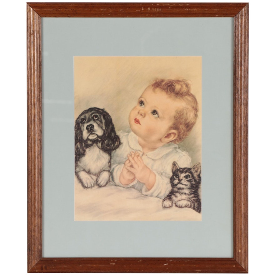 Offset Lithograph of a Child, Puppy and Kitten