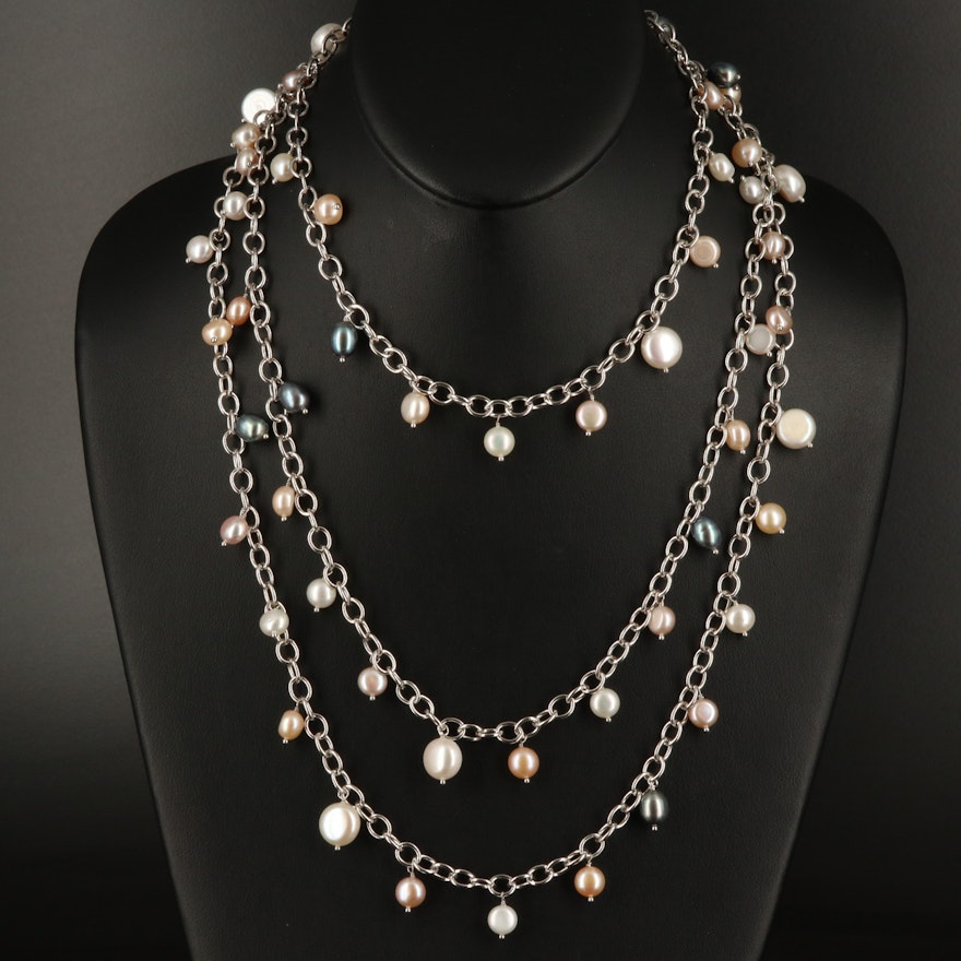 Sterling Pearl Station Necklace