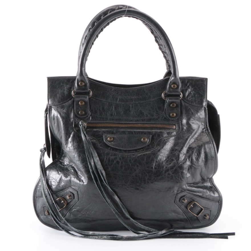 Balenciaga Motorcycle Mid-Afternoon Tote in Black Chevre Leather