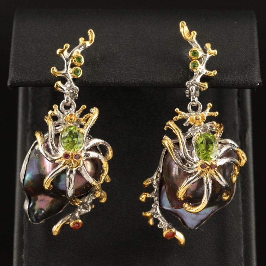Sterling Octopus Drop Earrings with Pearl, Peridot and Sapphire