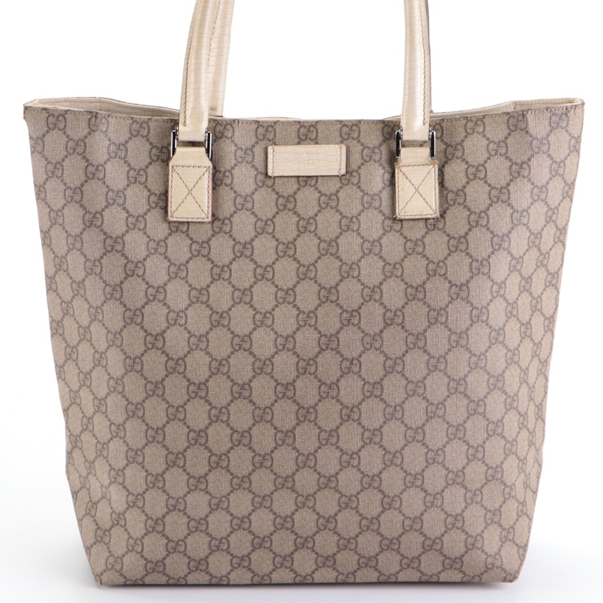 Gucci Small Tote Bag in GG Supreme Canvas with Ivory Leather Trim