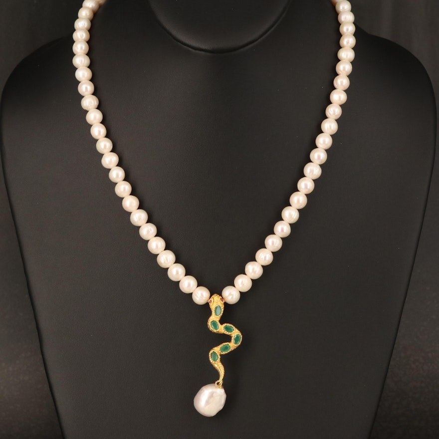 Sterling Pearl Necklace with Emerald and Ruby Serpent Drop