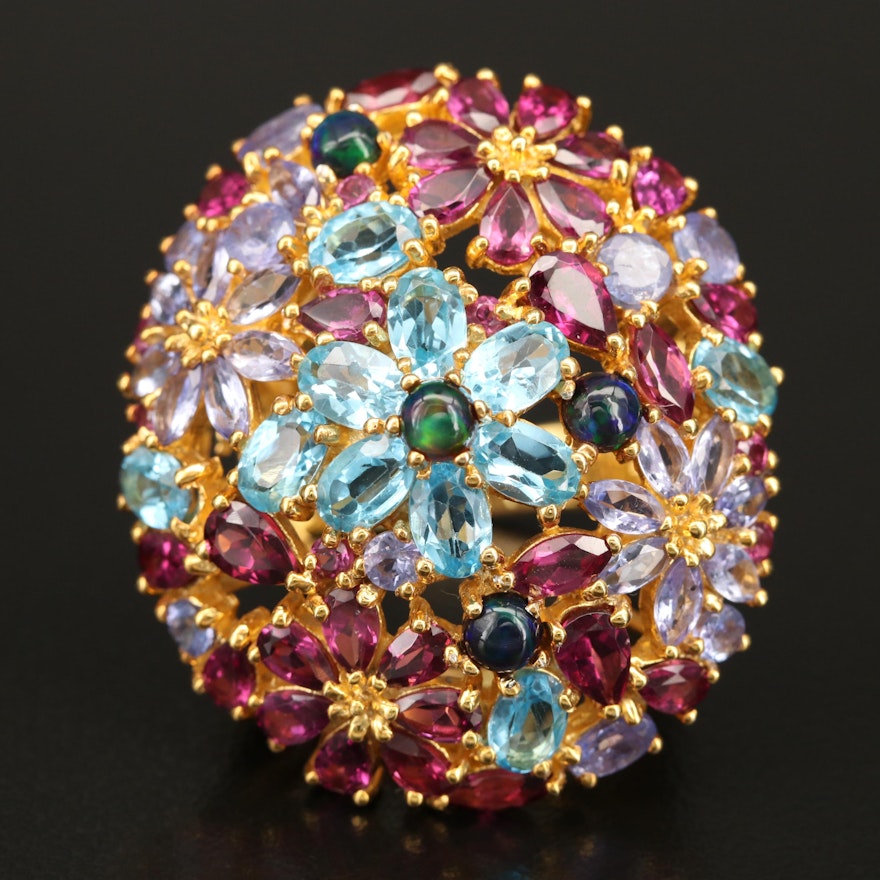 Sterling Bombé Floral Ring with Garnet, Topaz and Tanzanite