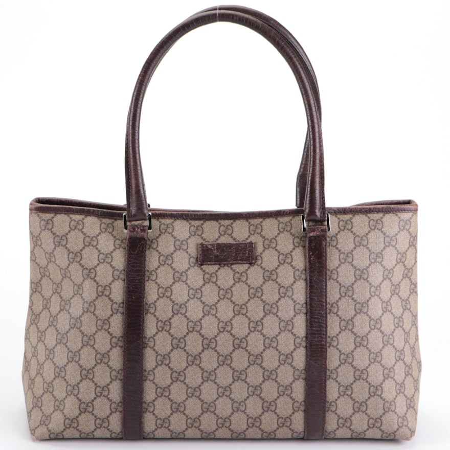 Gucci Horizontal Shoulder Tote in GG Supreme Coated Canvas & Dark Brown Leather