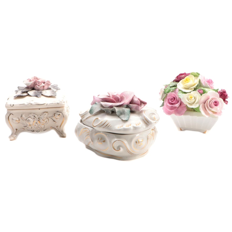 Adderley "Floral" Flower Basket Form Figurine and Other Floral Motif Boxes
