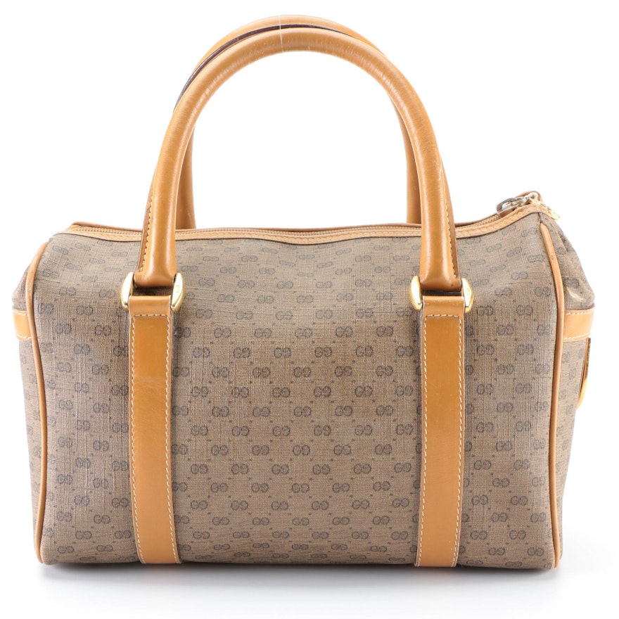 Gucci Boston Handbag in GG Brown Coated Canvas and Tan Leather