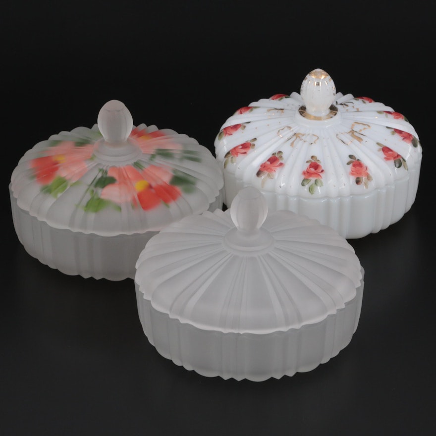Anchor Hocking "Old Cafe" Hand-Painted and Frosted Lidded Candy Dishes