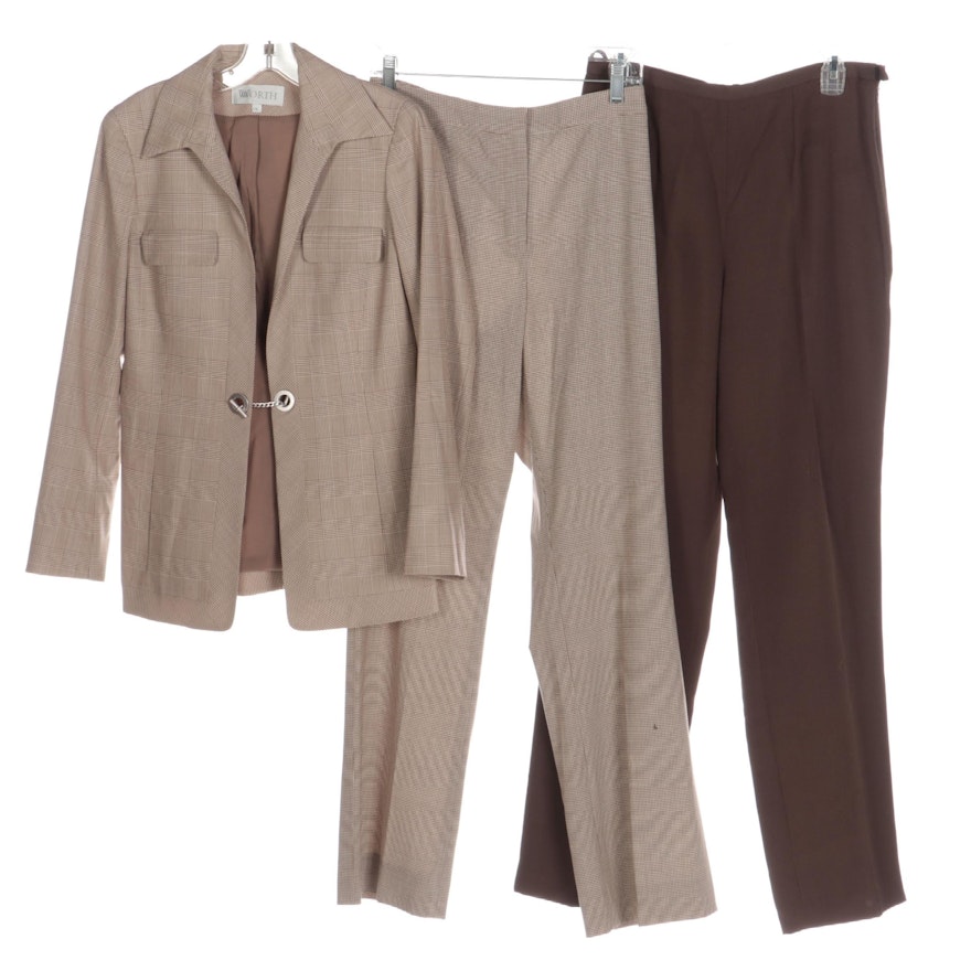 Worth Brown Check Spread Collar Jacket, Microcheck Pants, & Brown Silk Trousers