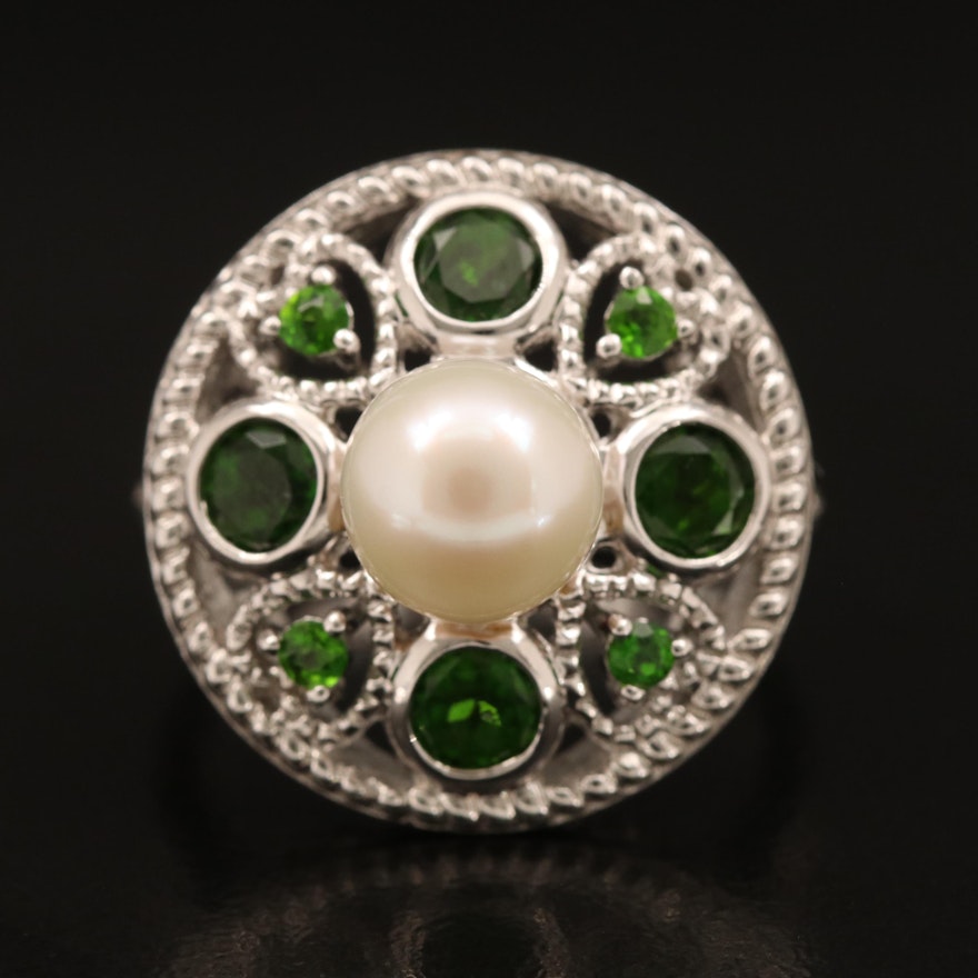 Sterling Pearl and Diopside Openwork Ring