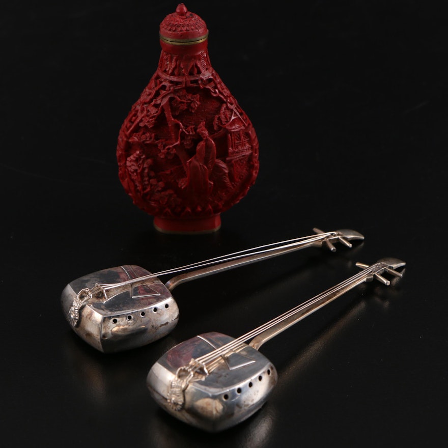 Japanese Sterling Samisen Form Shakers and Chinese Faux Cinnabar Snuff Bottle