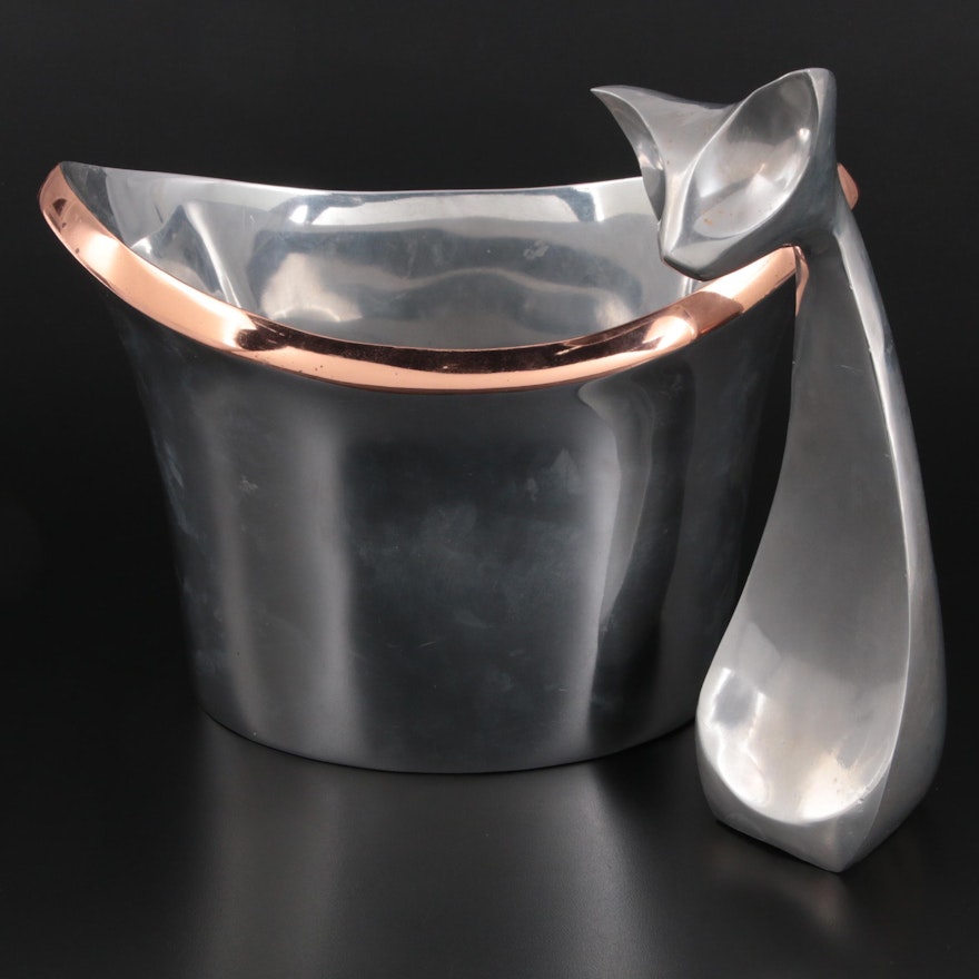 Nambé Ridged Copper Accented Metal Serving Bowl and Cat Figurine