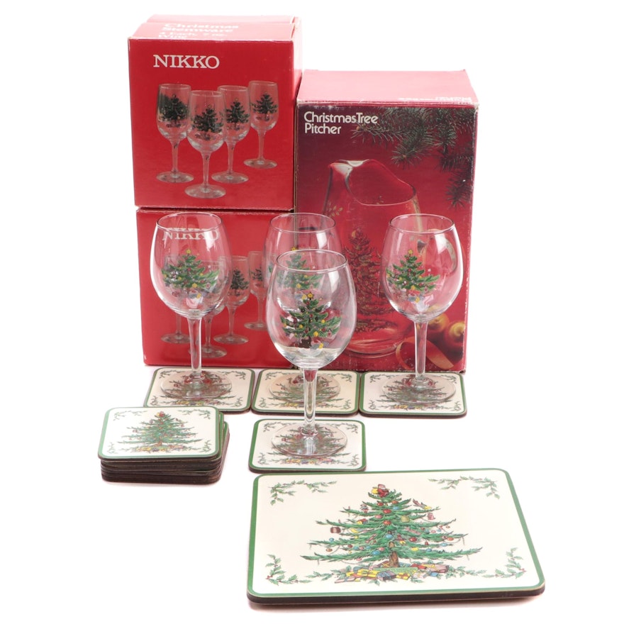 Nikko "Christmas Tree" Pitcher and Glasses with Pimpernel Placemats and Coasters