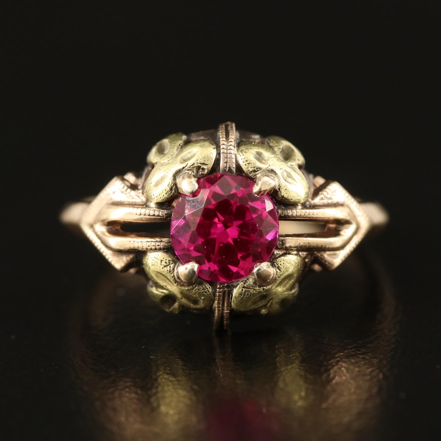 Vintage 10K Ruby Ring with Green Gold Shamrock Accents