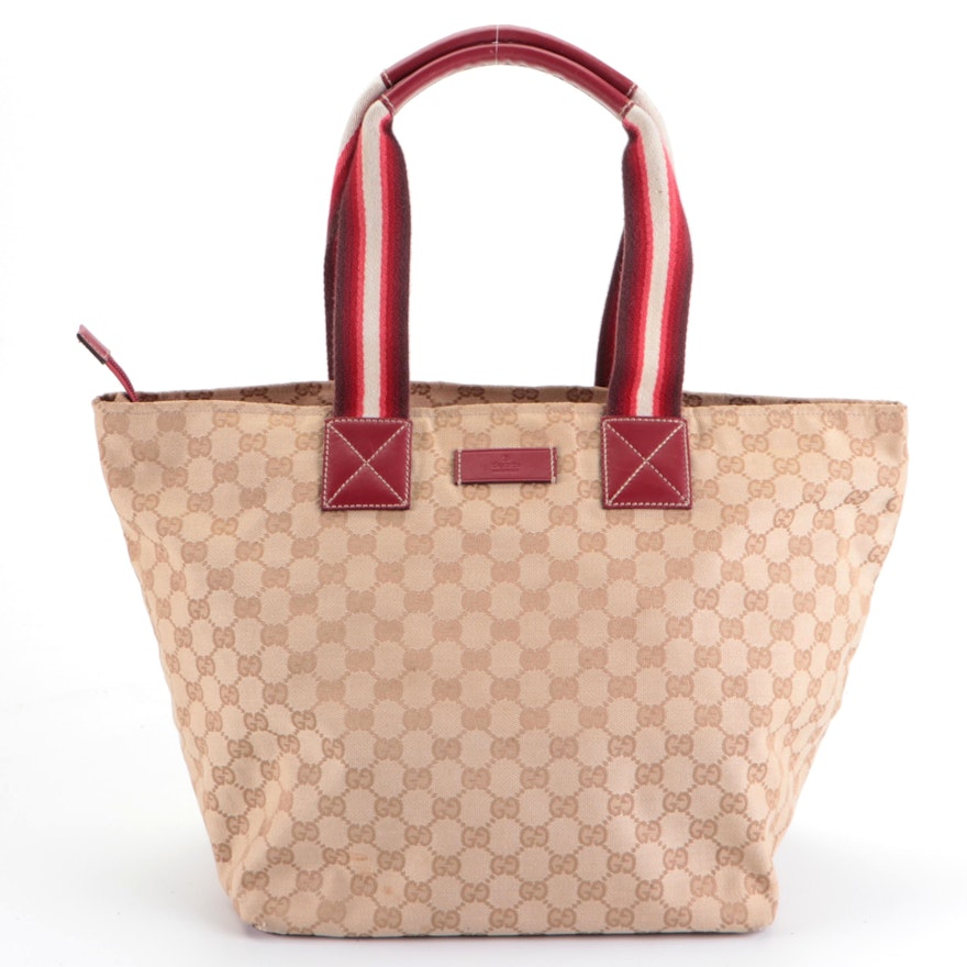 Gucci Zippered Tote Bag in GG Canvas with Red Leather and Web Trim