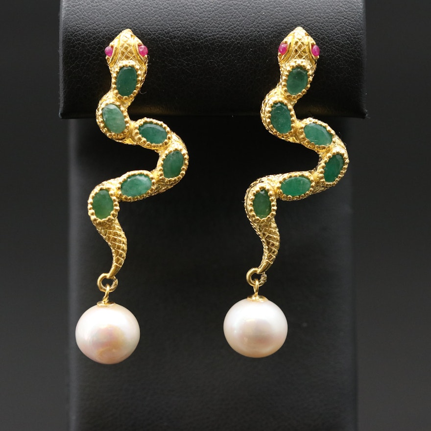 Sterling Emerald, Ruby and Pearl Snake Earrings