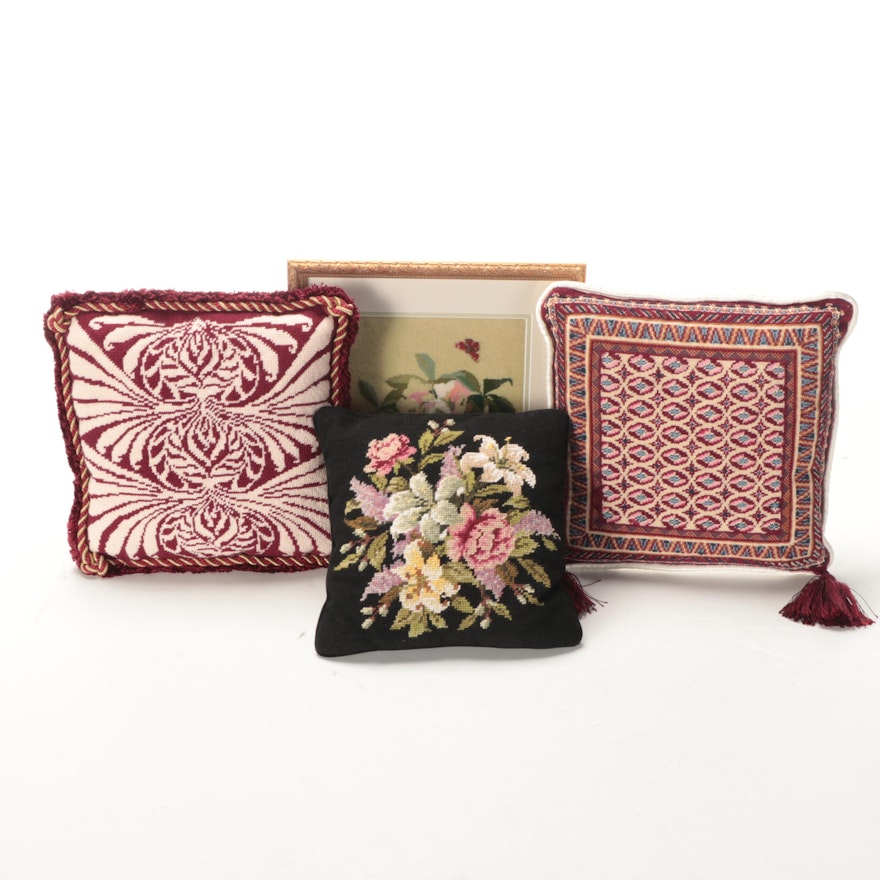 Needlepoint Accent Pillows and Framed Needlepoint Panel