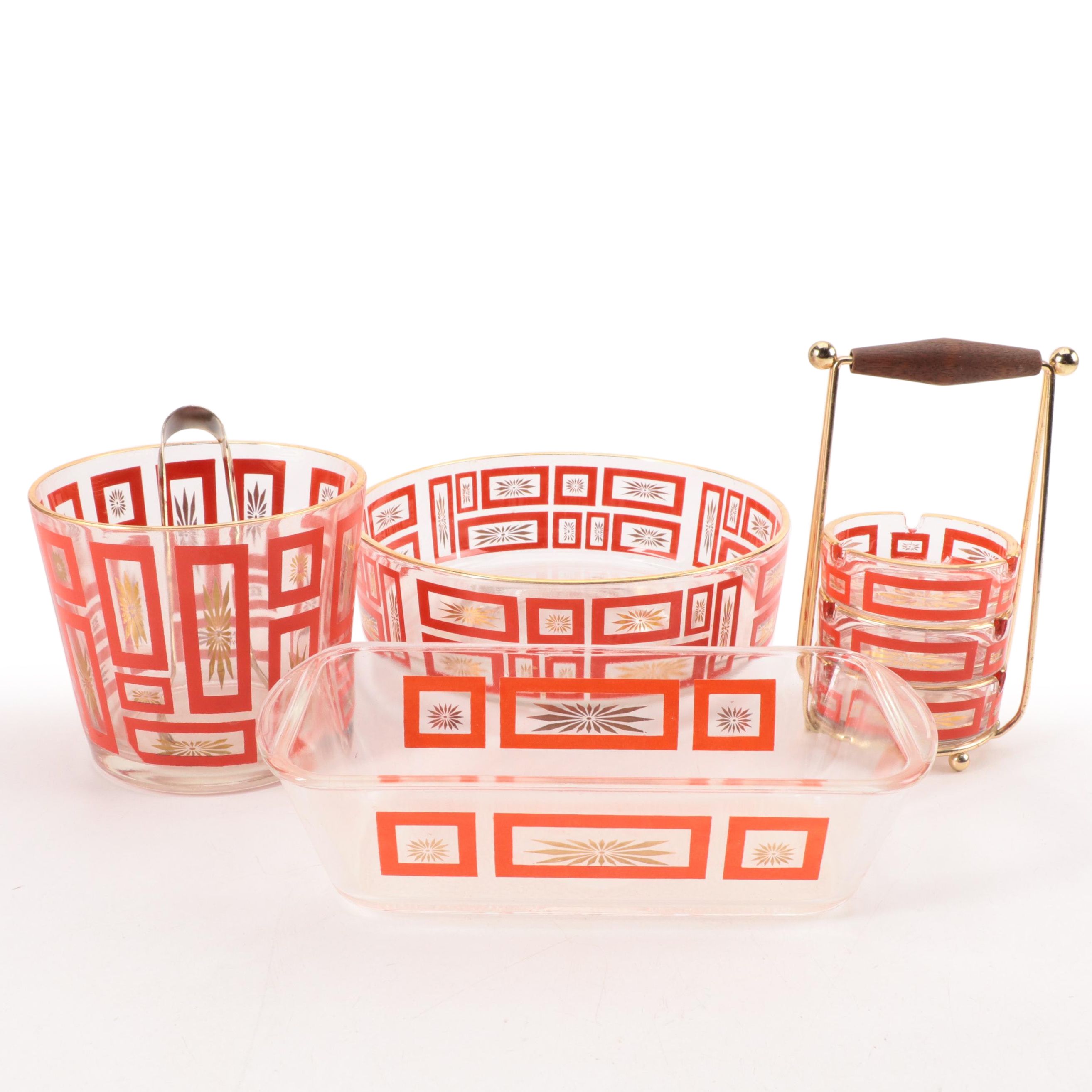 Jeannette Glass for Glasbake Atomic Starburst Ice Bucket, Ashtrays and Bakeware