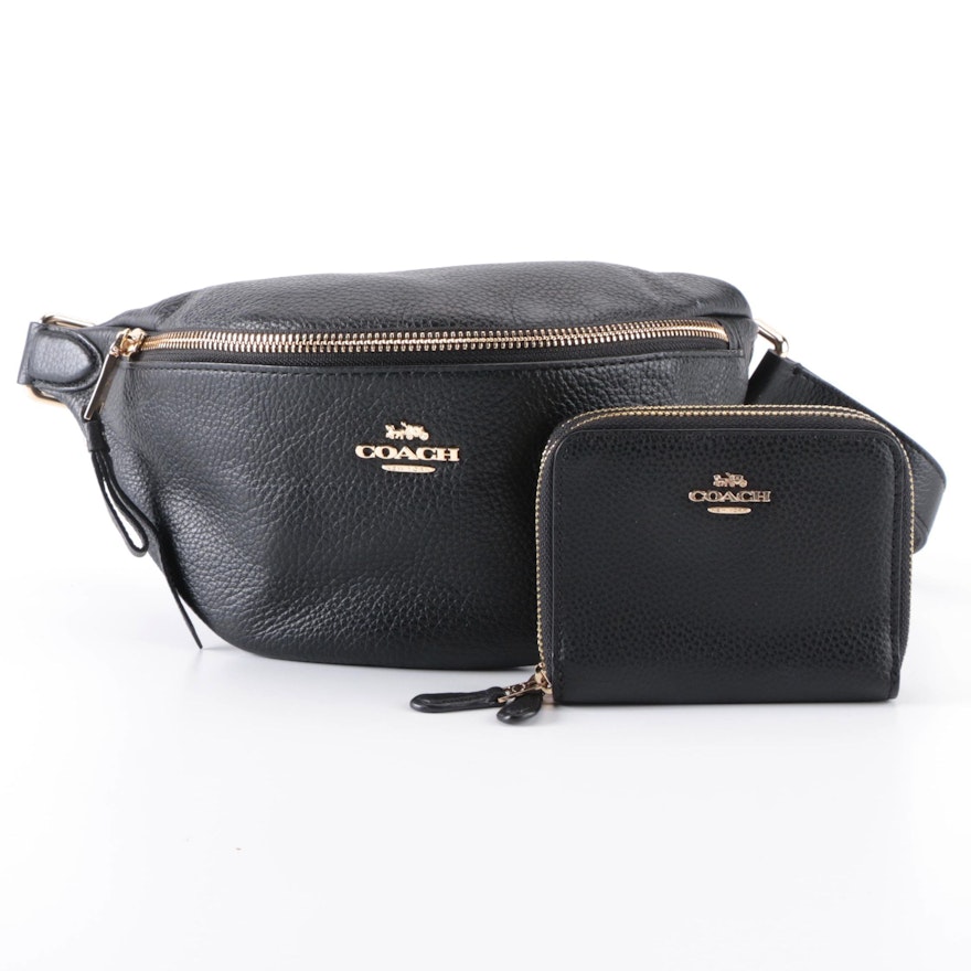 Coach Belt Bag and Compact Zip Wallet in Black Pebble Grain Leather