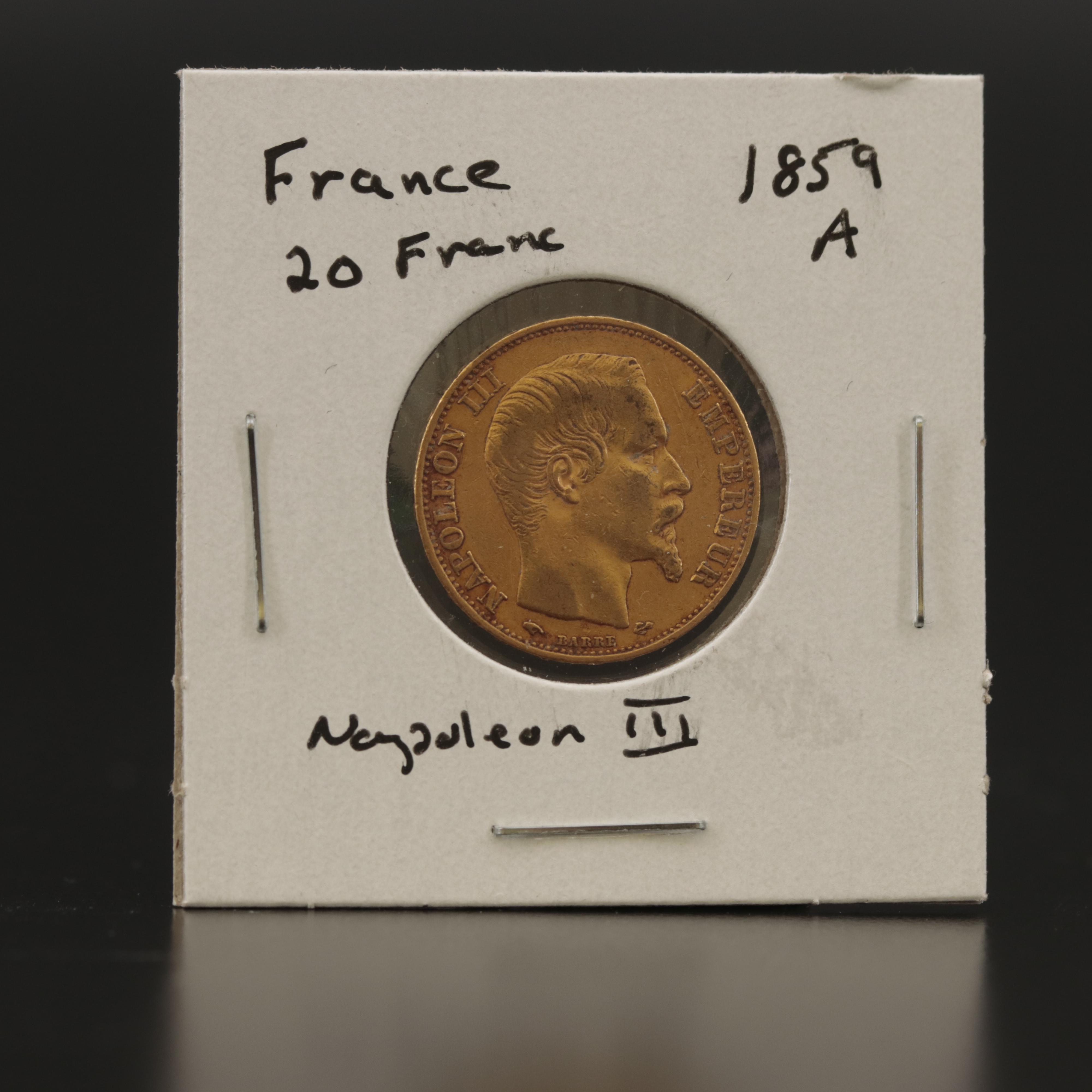 1859 A France Twenty Francs Gold Coin