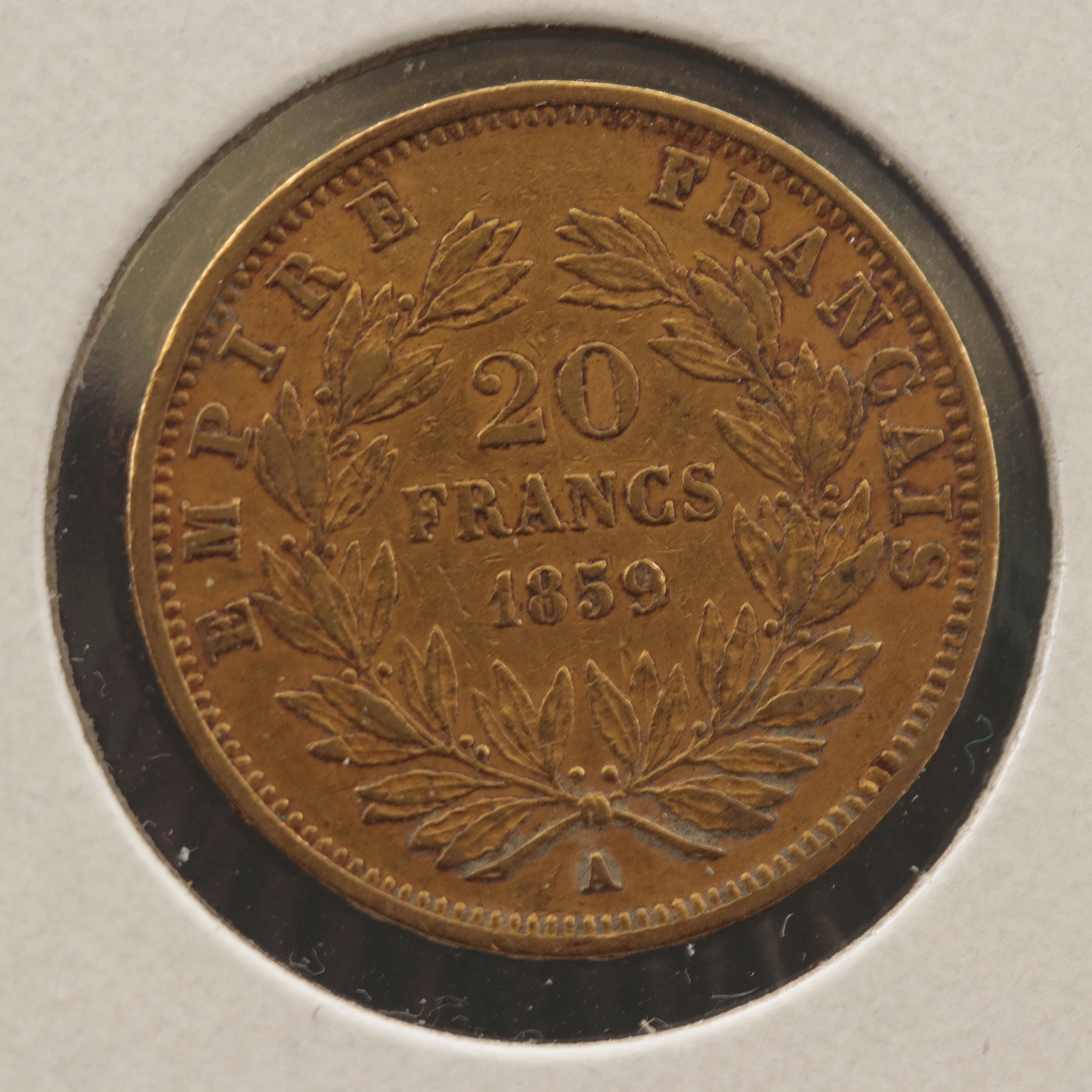 1859 A France Twenty Francs Gold Coin