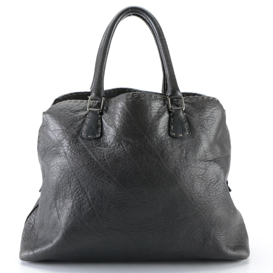 Fendi Selleria Tote in Midnight Navy Grained Leather with Contrast Stitching