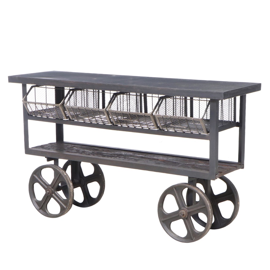Arhaus Industrial Style Patinated Metal and Wood Cart-Form Console Table