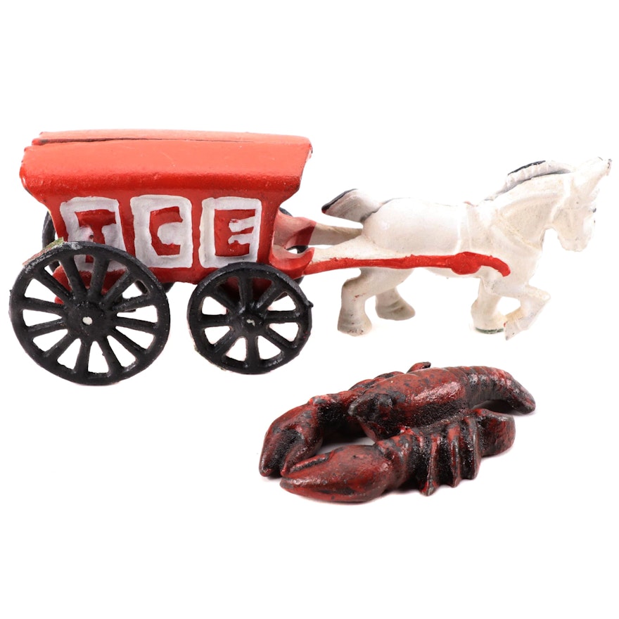 Cast Iron Horse and Ice Wagon with Lobster, Early to Mid-20th Century