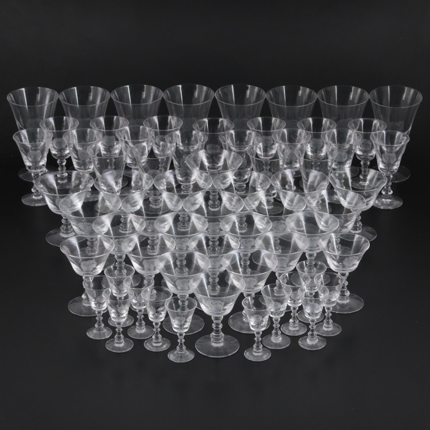 Fostoria "Rose" Etched Glass Stemware, Mid to Late 20th Century
