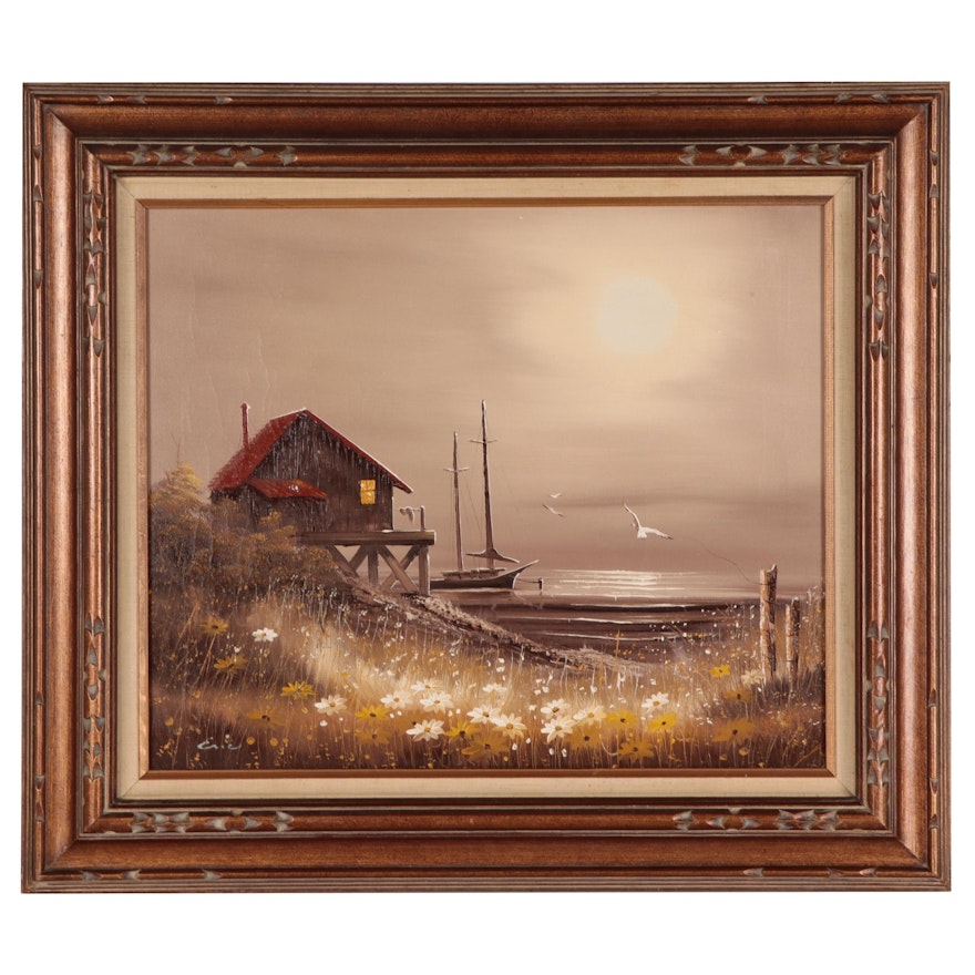 Coastal Landscape Oil Painting of Dock, Late 20th Century