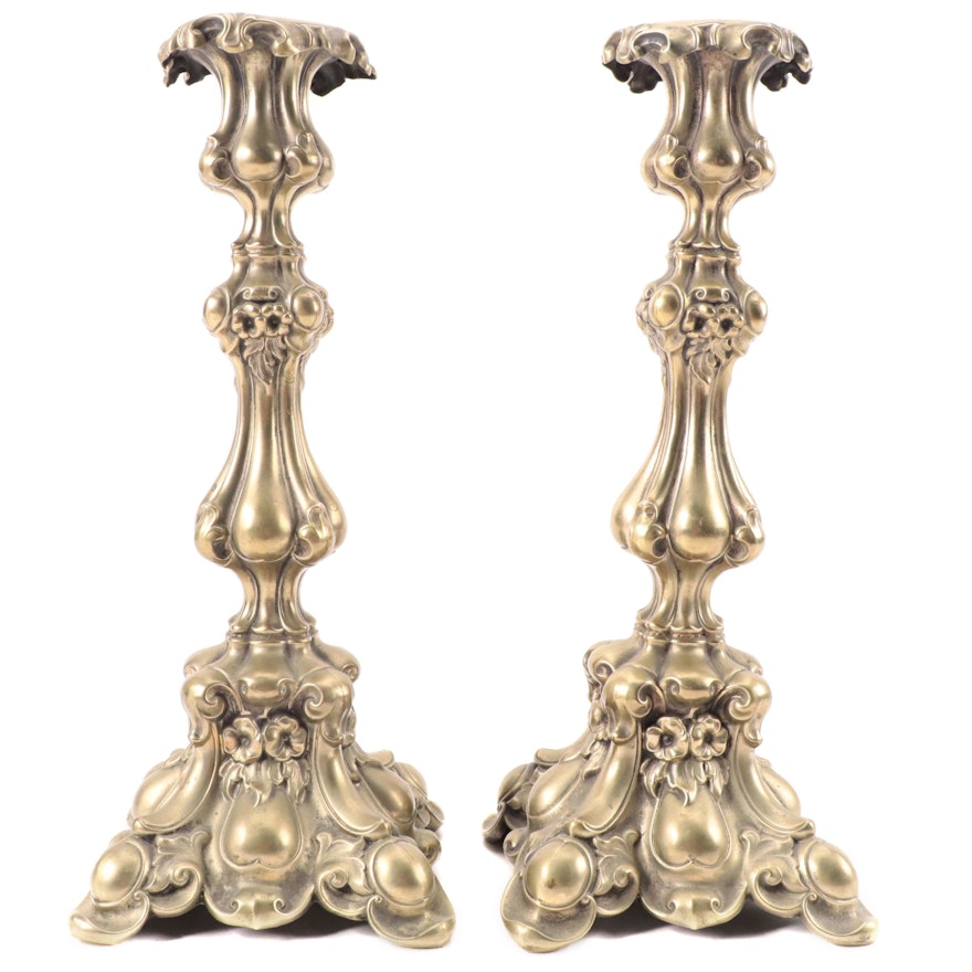 Rococo Style Cast Brass Candlesticks, Mid to Late 19th Century