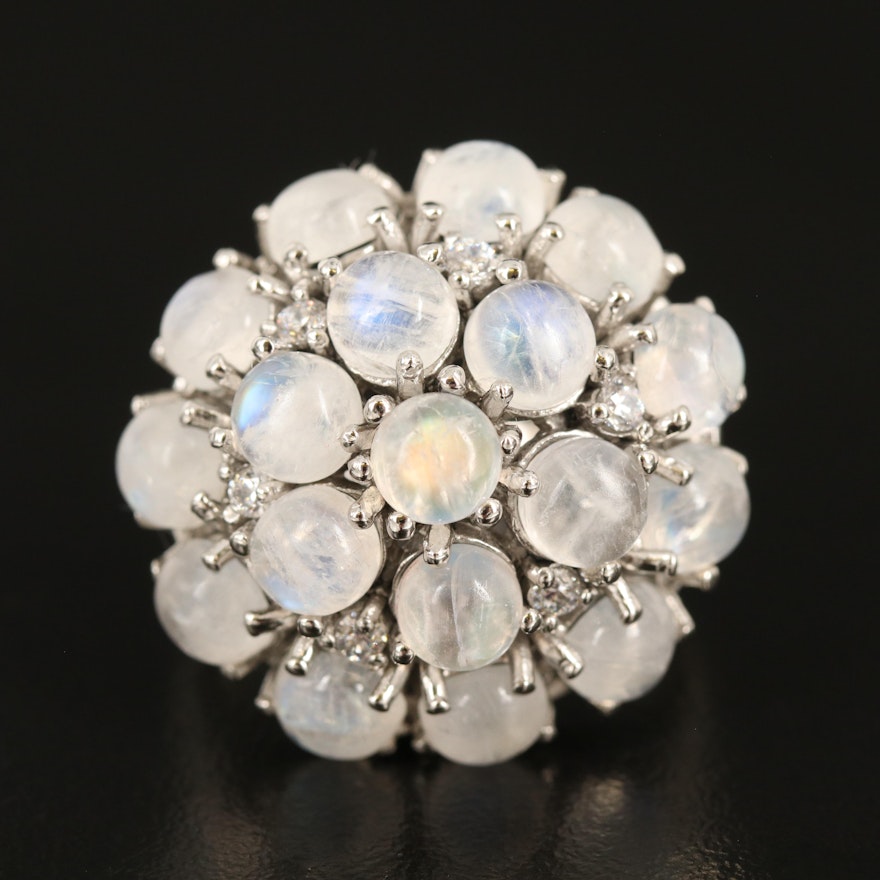 Sterling Moonstone and Cubic Zirconia Cluster Bombé Ring