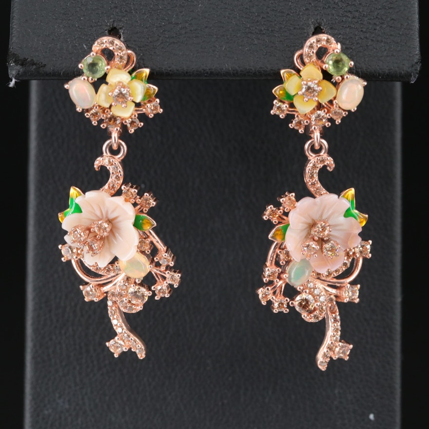 Sterling Mother of Pearl and Gemstone Floral Earrings