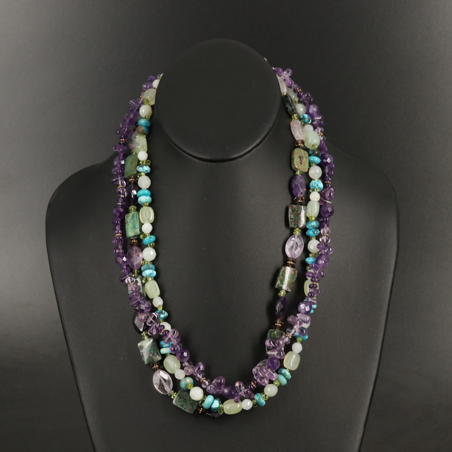 Triple Strand Beaded Amethyst and Gemstone Necklace with Sterling Clasp