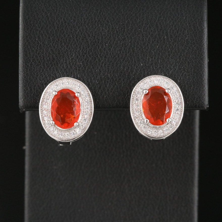 Sterling Silver Fire Opal and Cubic Zirconia Halo Earrings