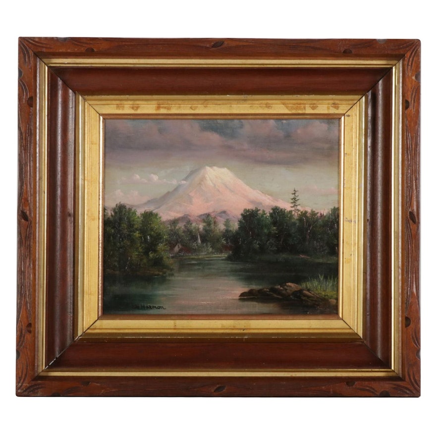 Charles H. Harmon Lakeside Village Oil Painting