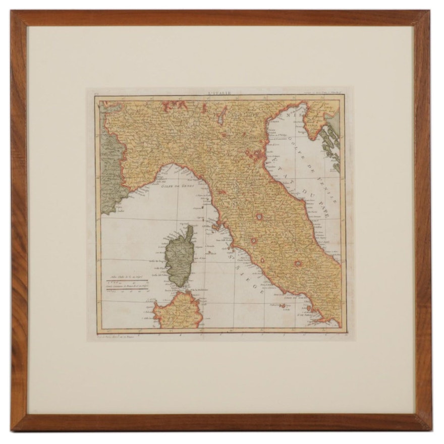 Hand Colored Engraved Map "L'Italie" from Lalande "Voyage en Italie", 1765