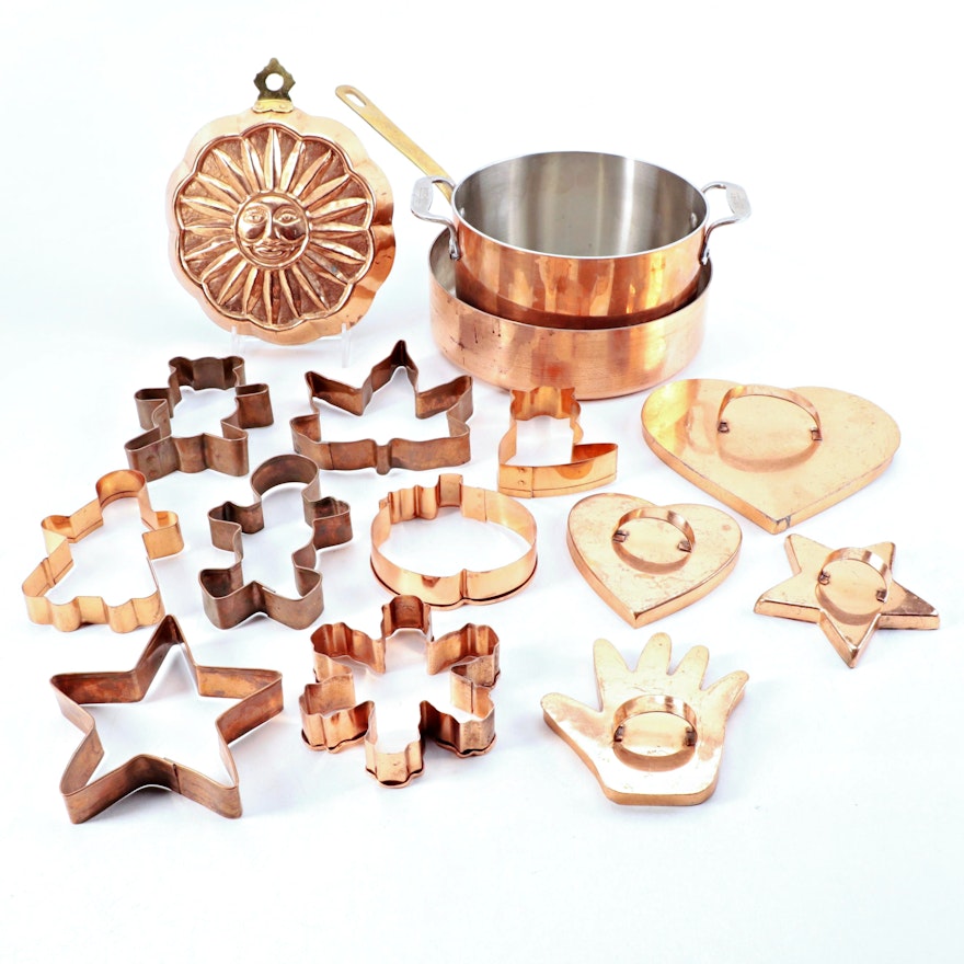 Mauviel and All-Clad Copper Plate Pans with Other Copper and Tin Cookie Cutters