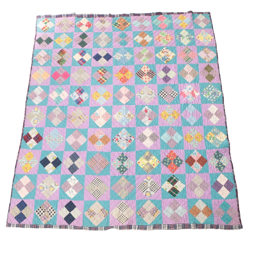 Handmade "Diamond in the Square" Pieced Quilt, Mid to Late 20th Century