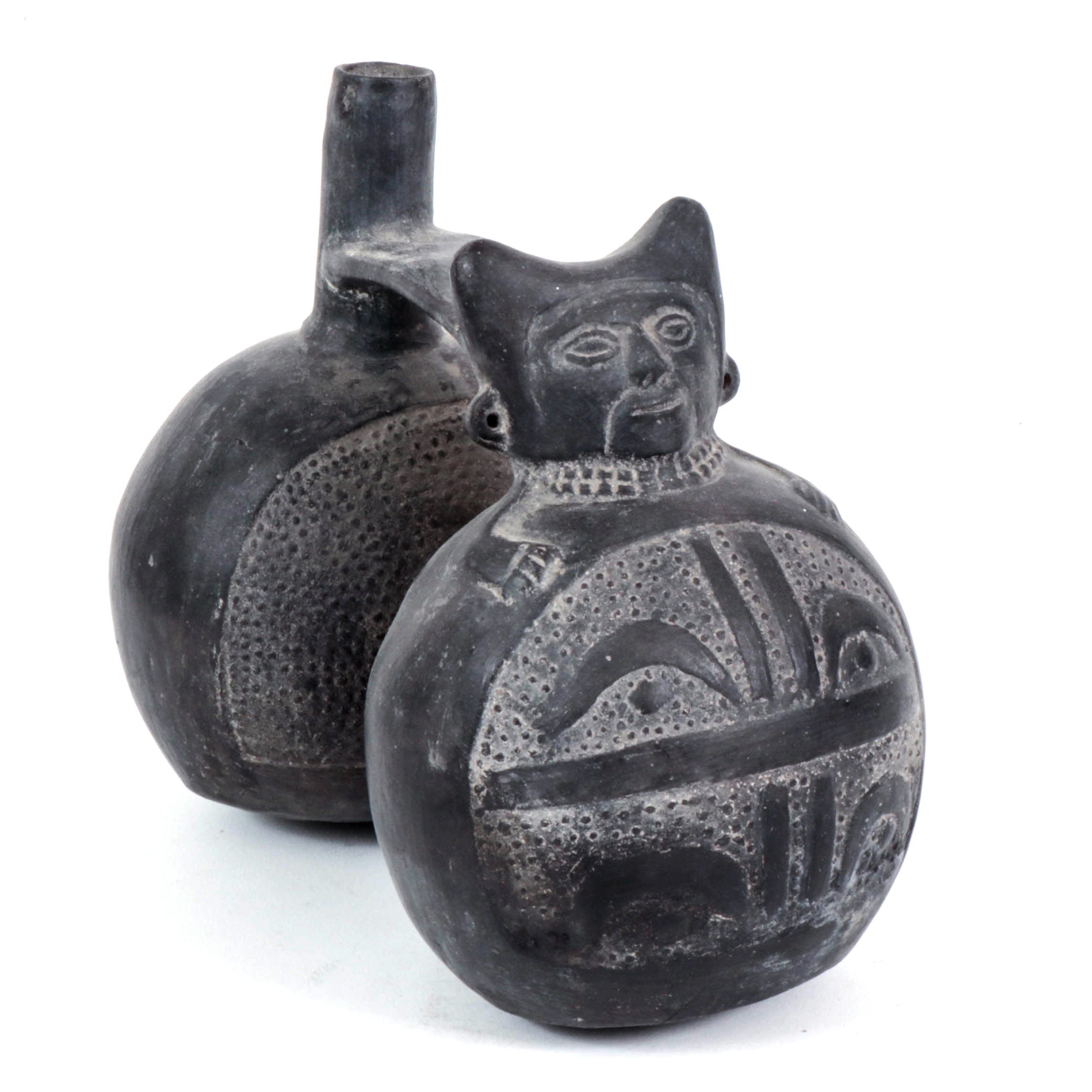 Moche Style Blackware Figural Earthenware Double Vase