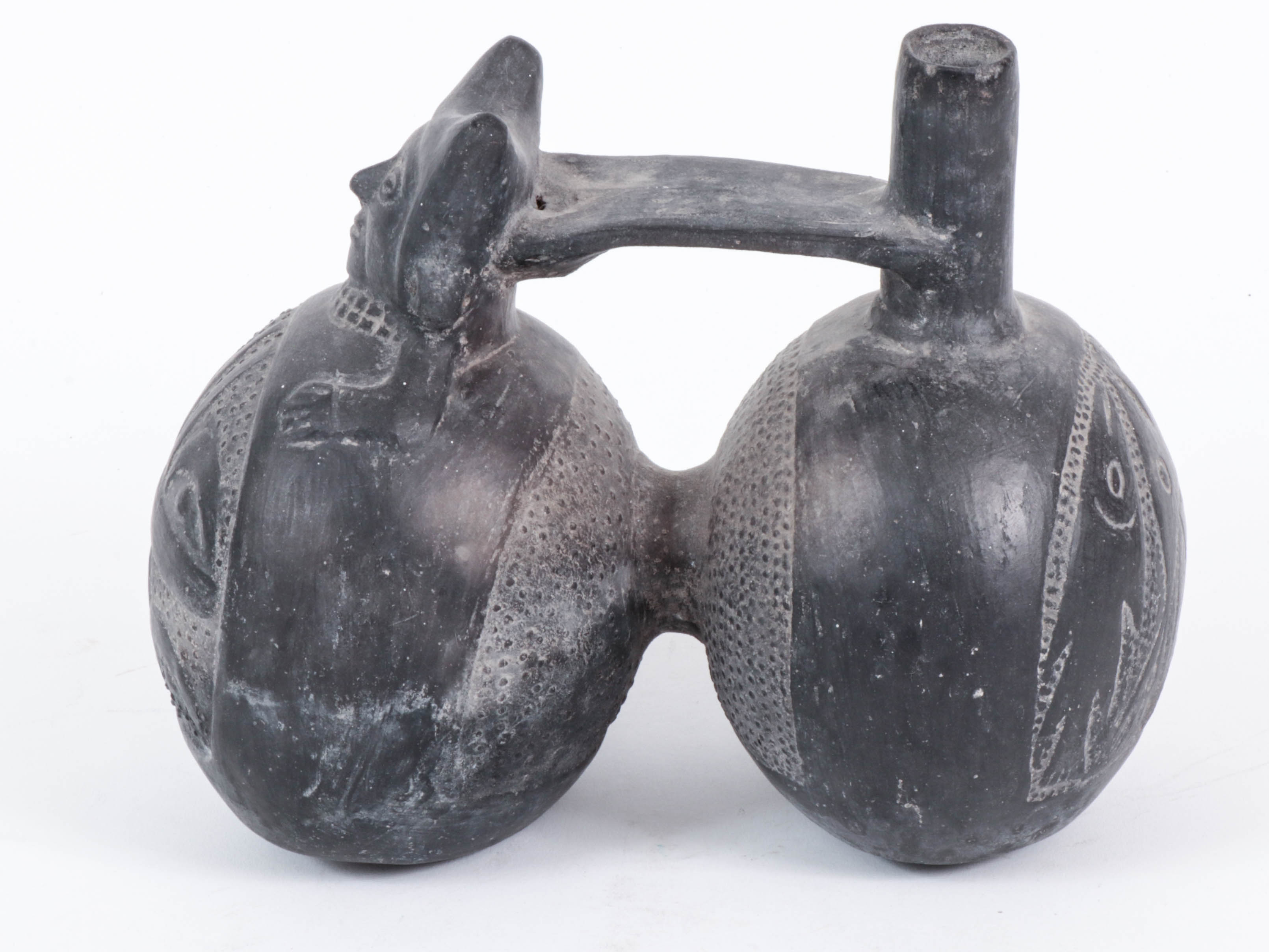 Moche Style Blackware Figural Earthenware Double Vase