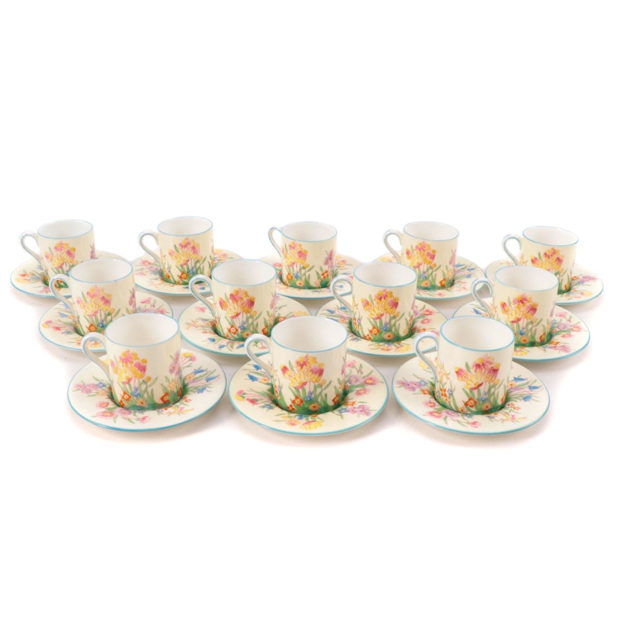 Wedgwood "Prairie Flowers" Bone China Demitasse Cups and Saucers, 1928-1950