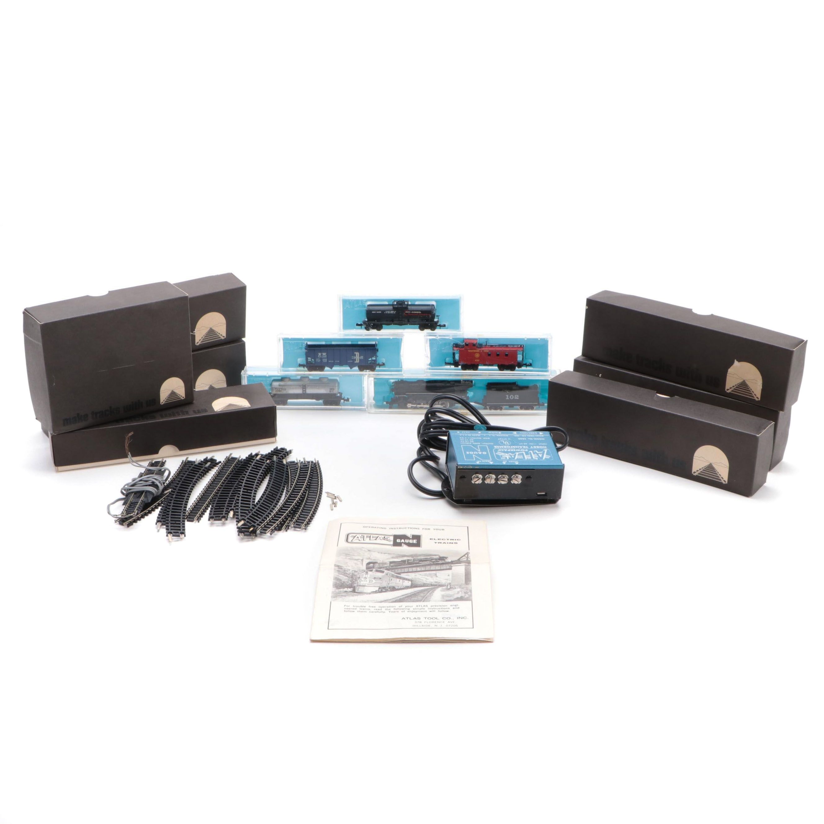 Atlas N Gauge Electric Train with Transformer, Freight Cars, Locomotive, Track