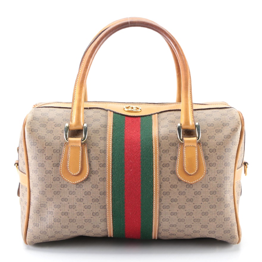 Gucci Boston Bag in Micro GG Coated Canvas and Leather with Web Stripe