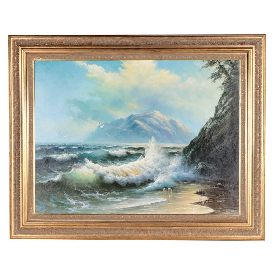 Seascape Oil Painting of Crashing Waves, Circa 2000