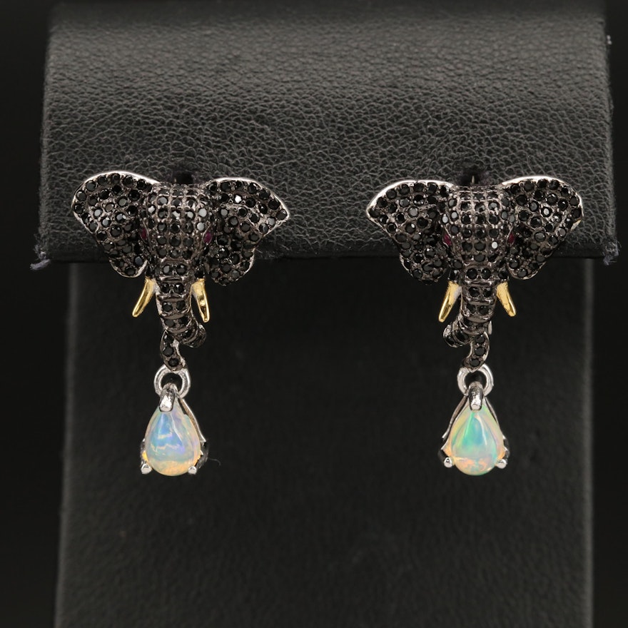 Sterling Opal, Ruby and Pavé Cubic Zirconia Elephant Earrings