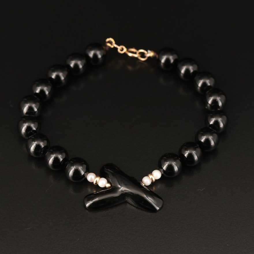 14K Black Onyx and Pearl Beaded Bracelet